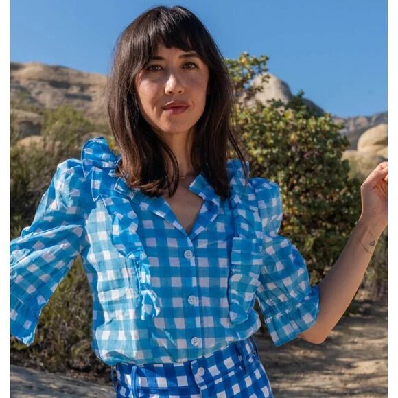 SZ Blockprints Hartley Top in Cornflower Blue Gingham NWT Sz. S - Picture 1 of 6